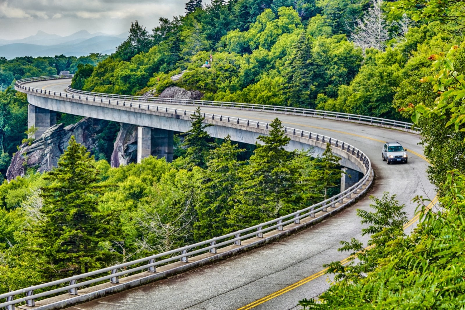 car driving down the Blue Ridge Parkway surrounded by green forest
