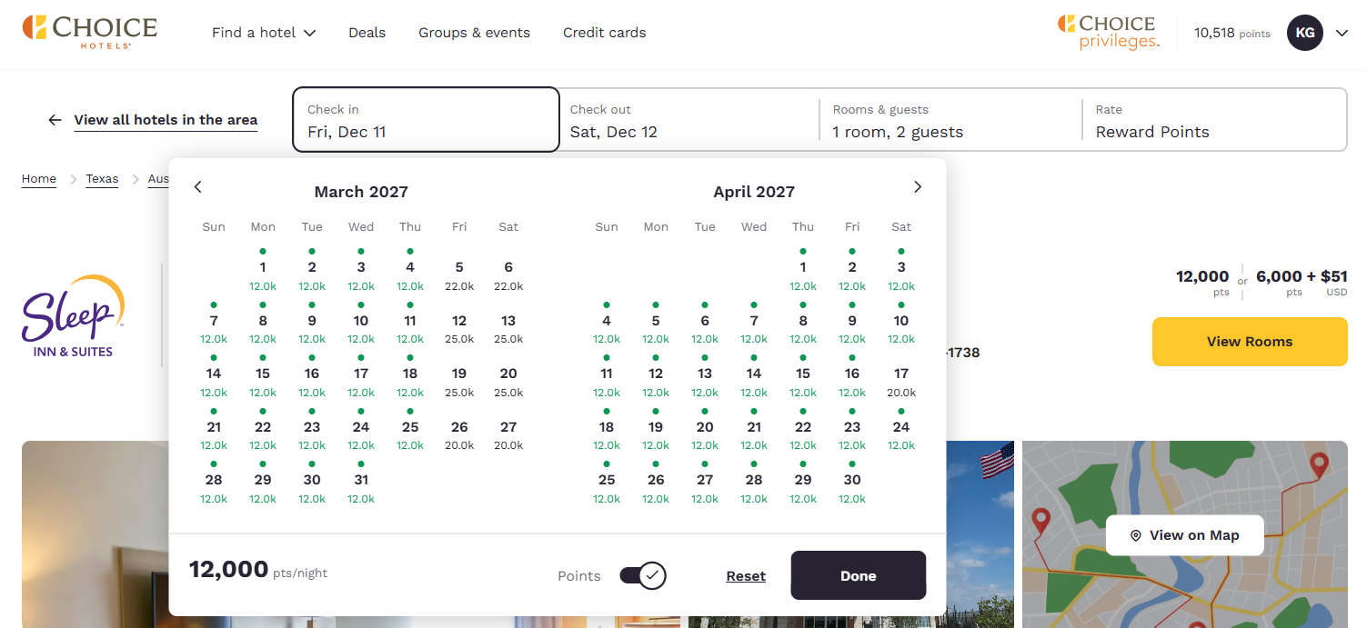 Choice Privileges calendar for points