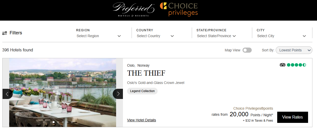 Redeeming Choice points for Preferred Hotels