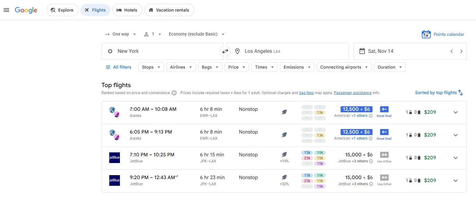 Google Flights with the Points Path overlay