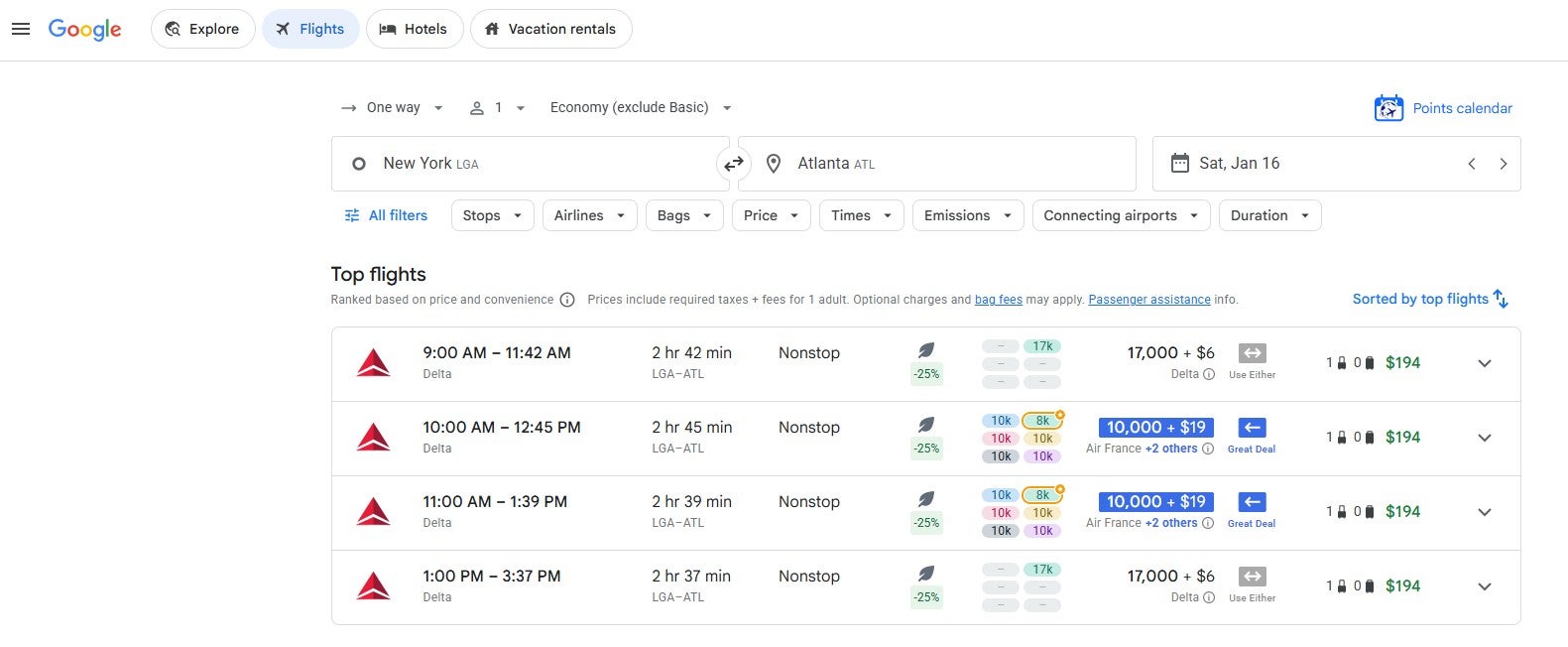 Points Path award flight pricing calendar for Google Flights