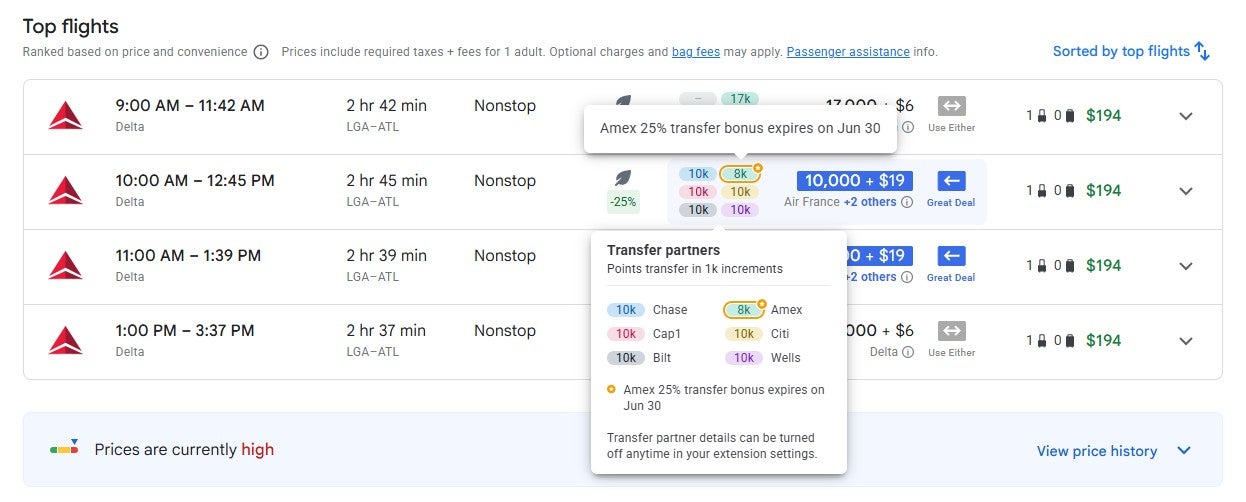 Points Path award flight pricing calendar for Google Flights