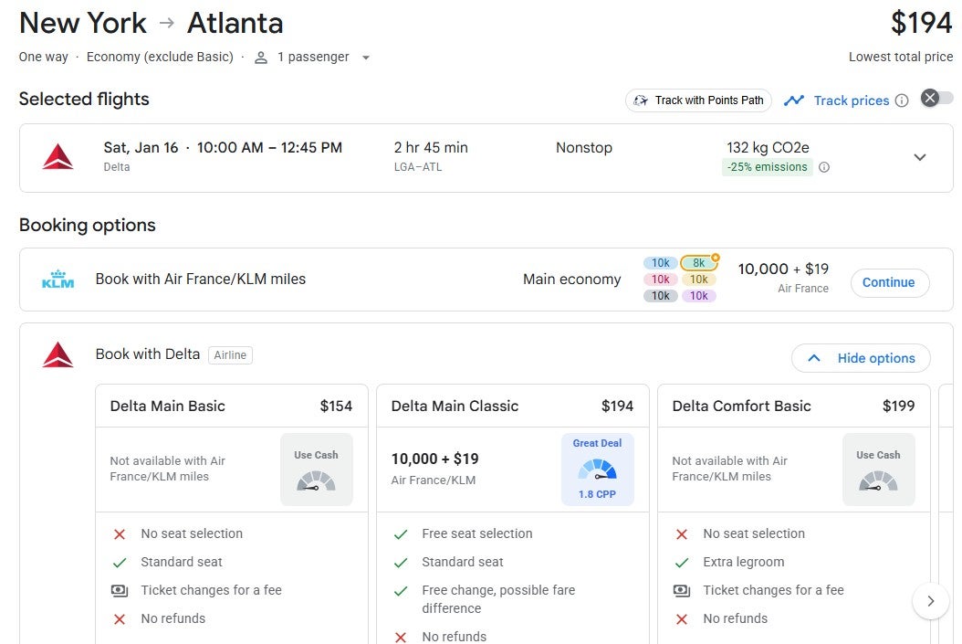Points Path award flight pricing calendar for Google Flights
