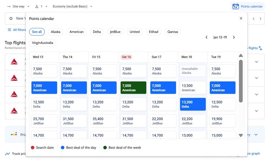 Points Path award flight pricing calendar for Google Flights