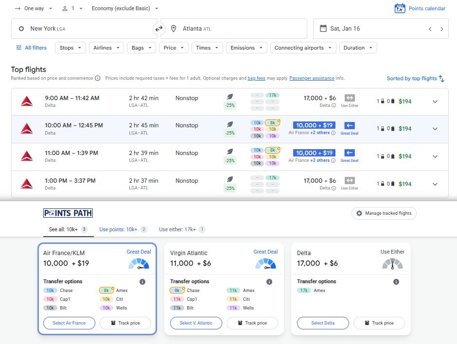 Points Path award flight pricing calendar for Google Flights