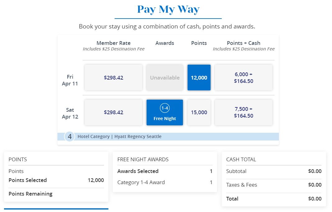 Redeeming Hyatt free night award through Pay My Way