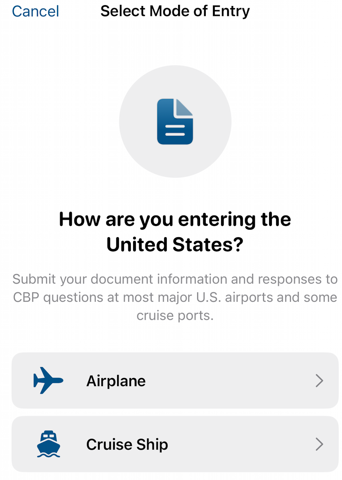 Mobile passport application screenshot