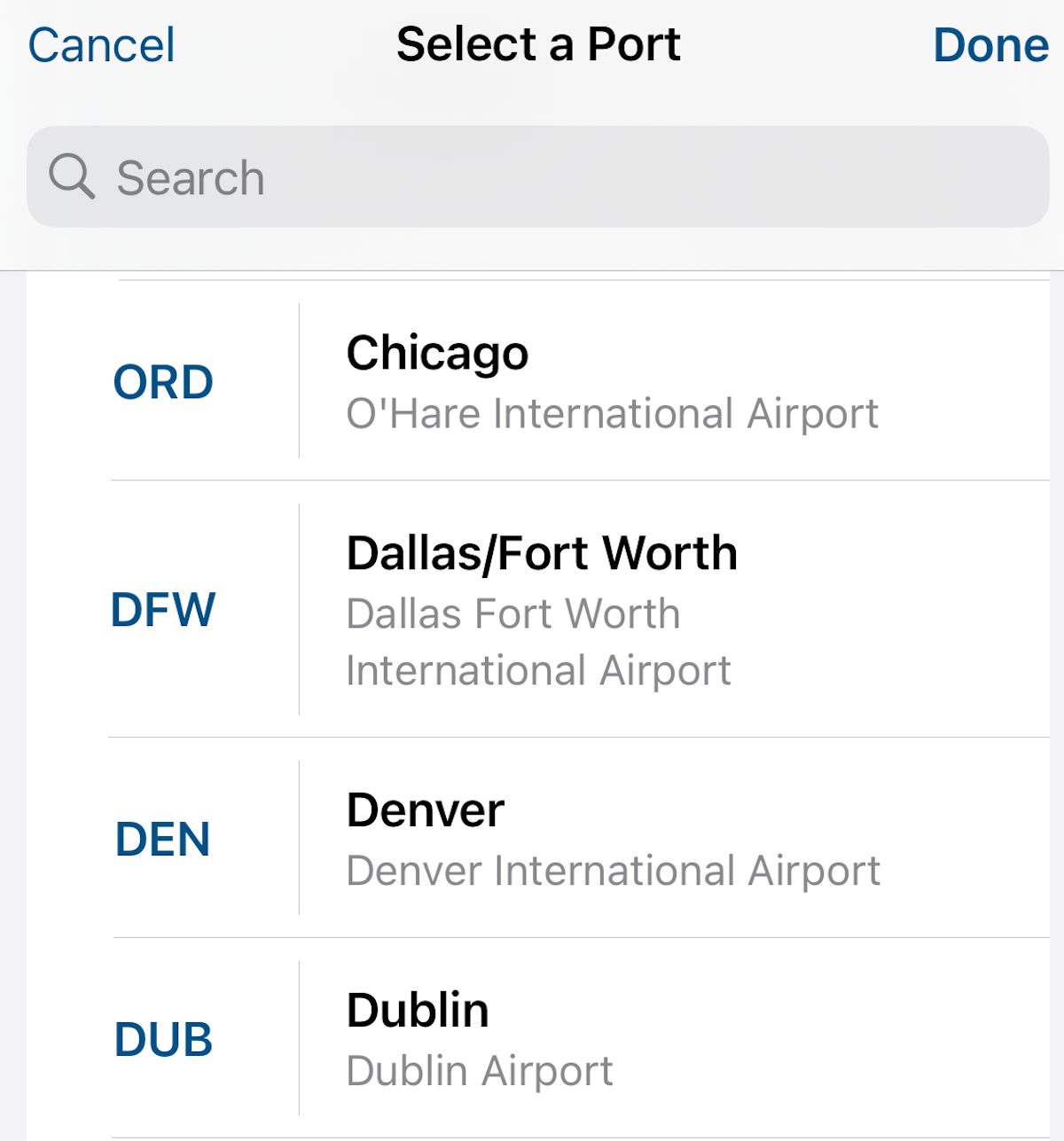 List of airport accepting Mobile Passport screenshot