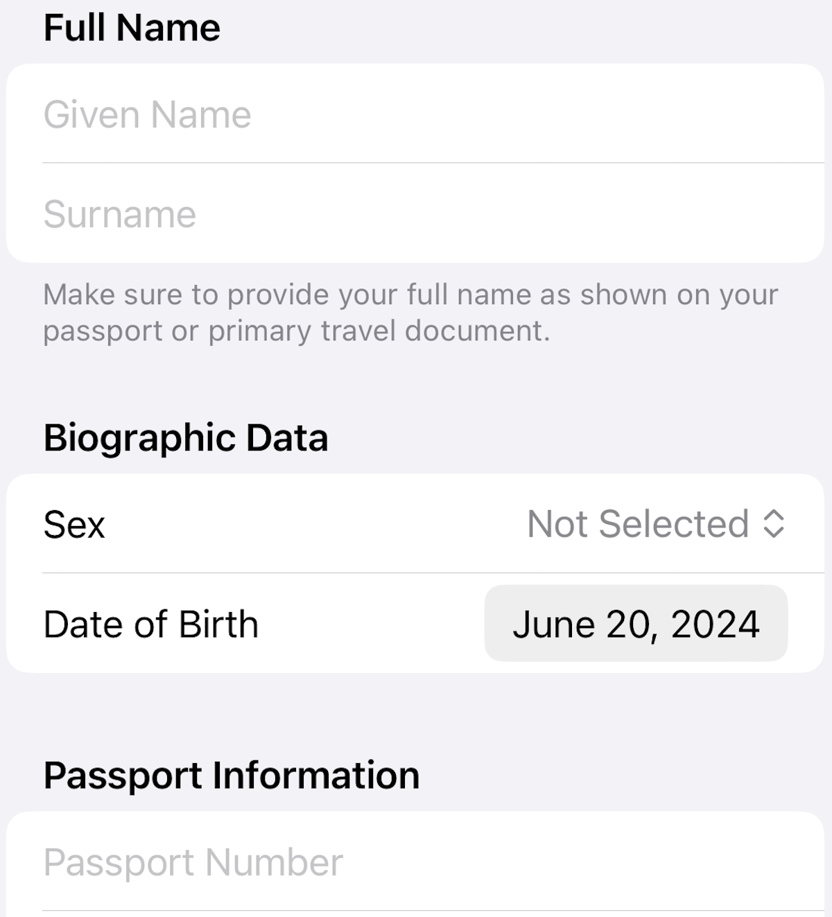 Screenshot of personal info entry page mobile passport