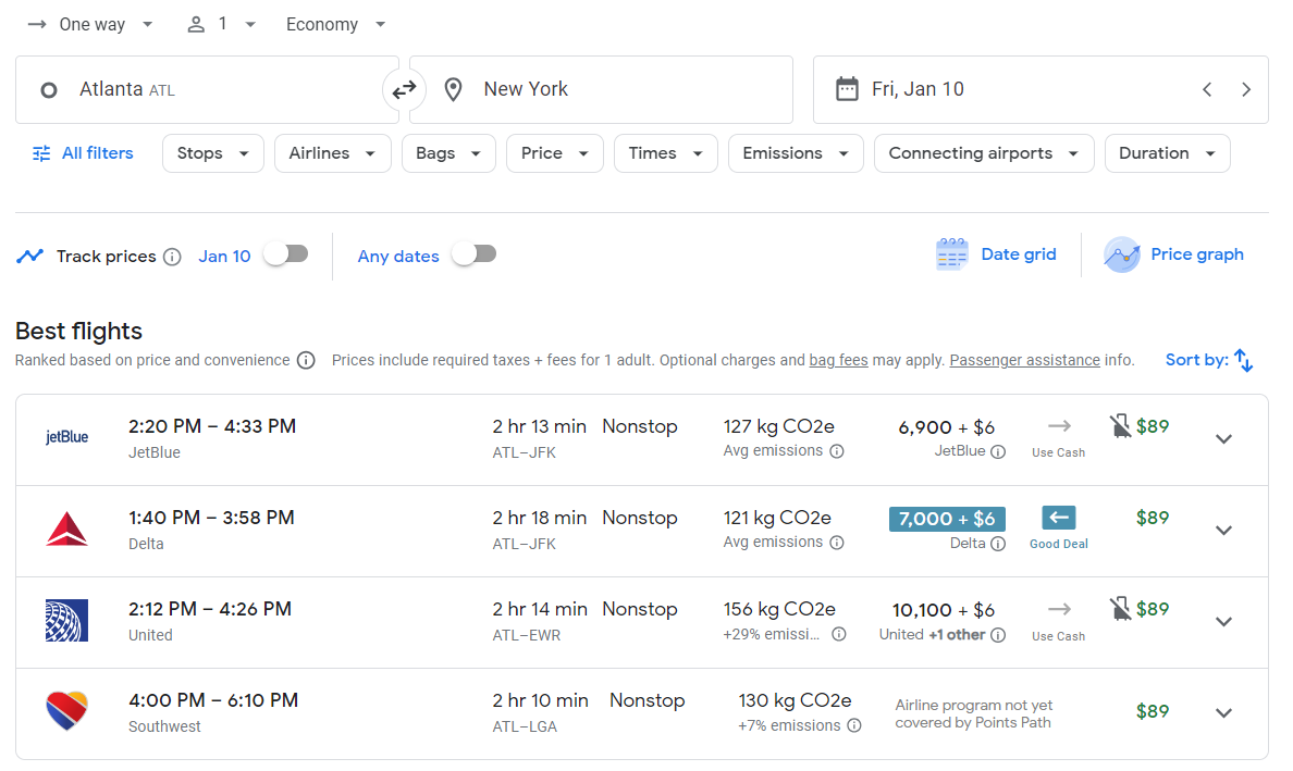 Points Path extension with Google Flights