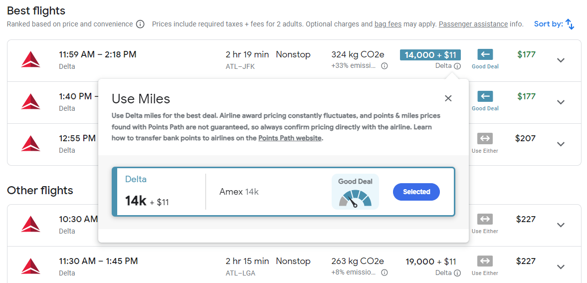 Points Path extension with Google Flights