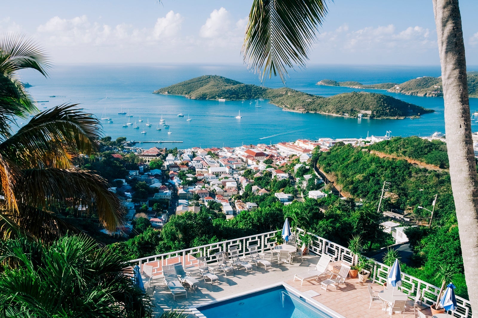 An aerial view of St. Thomas' coastline