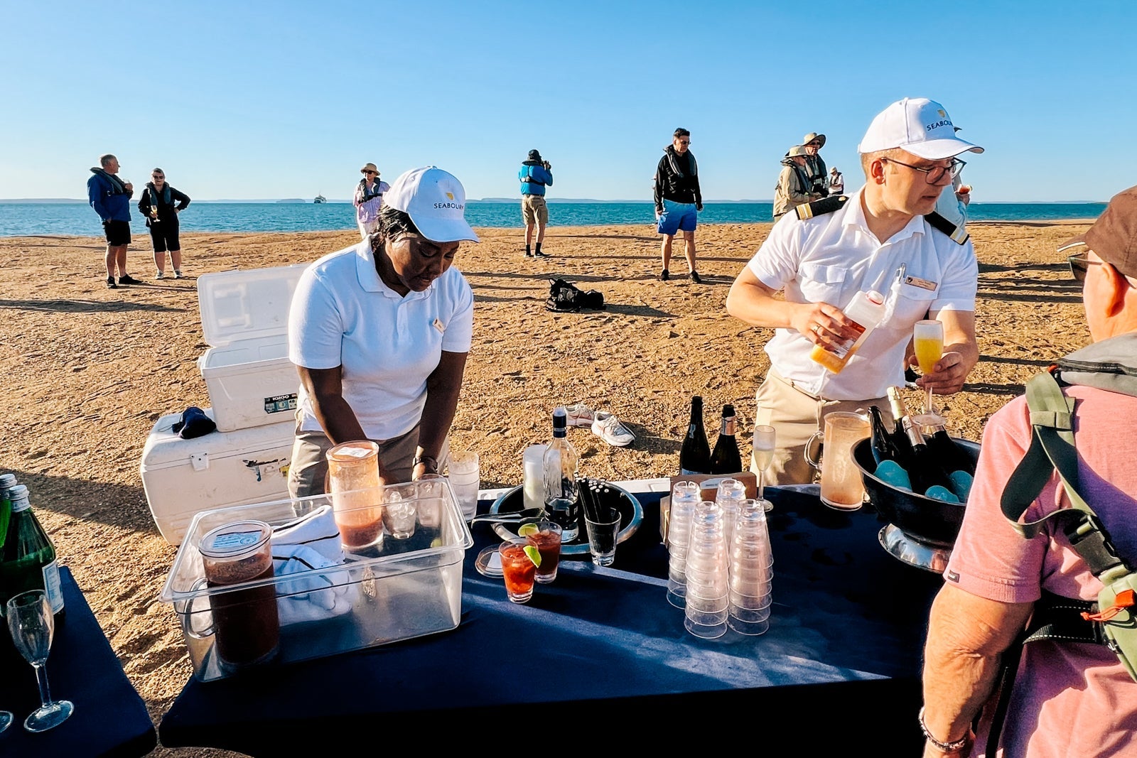 A temporary drink station at a sandbar at Montgomery Reef