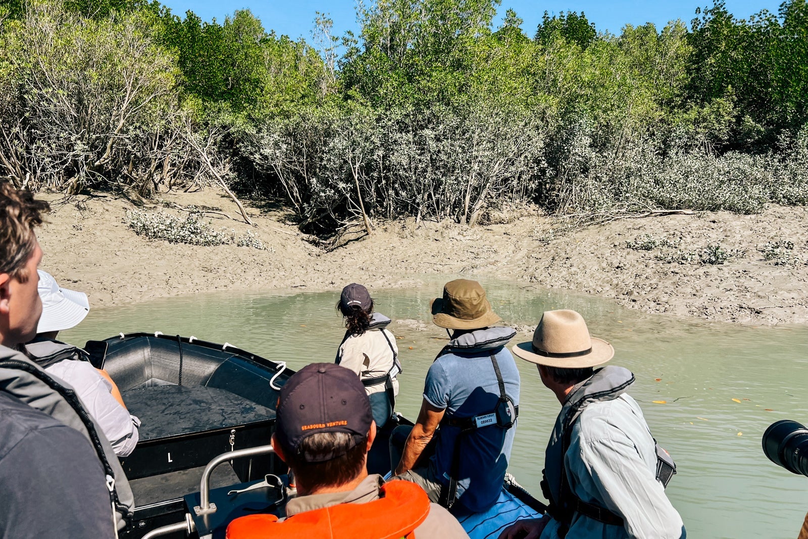 Seabourn Pursuit passengers view a crocodile from a Zodiac boat