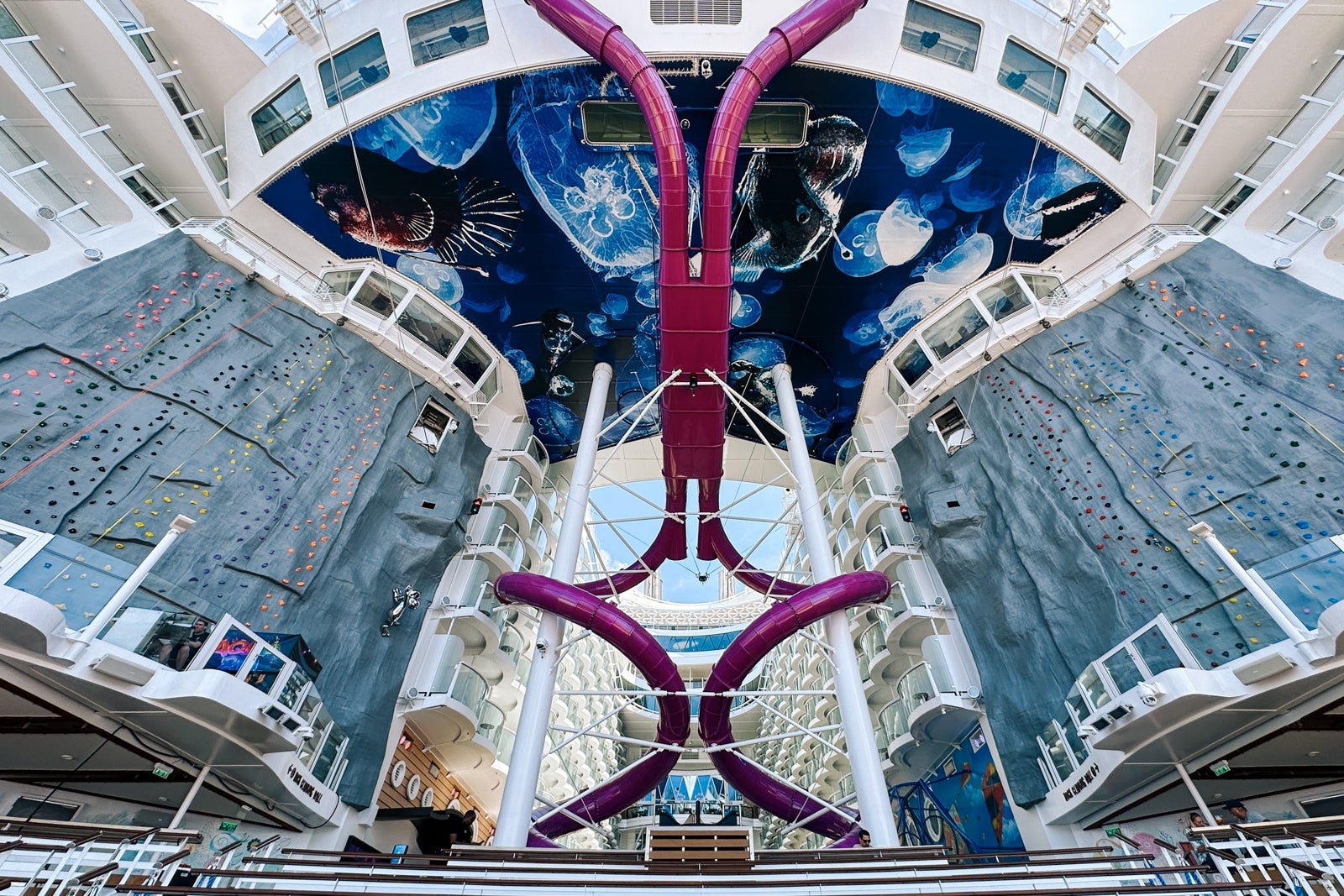 Two spiraling slides on a cruise ship