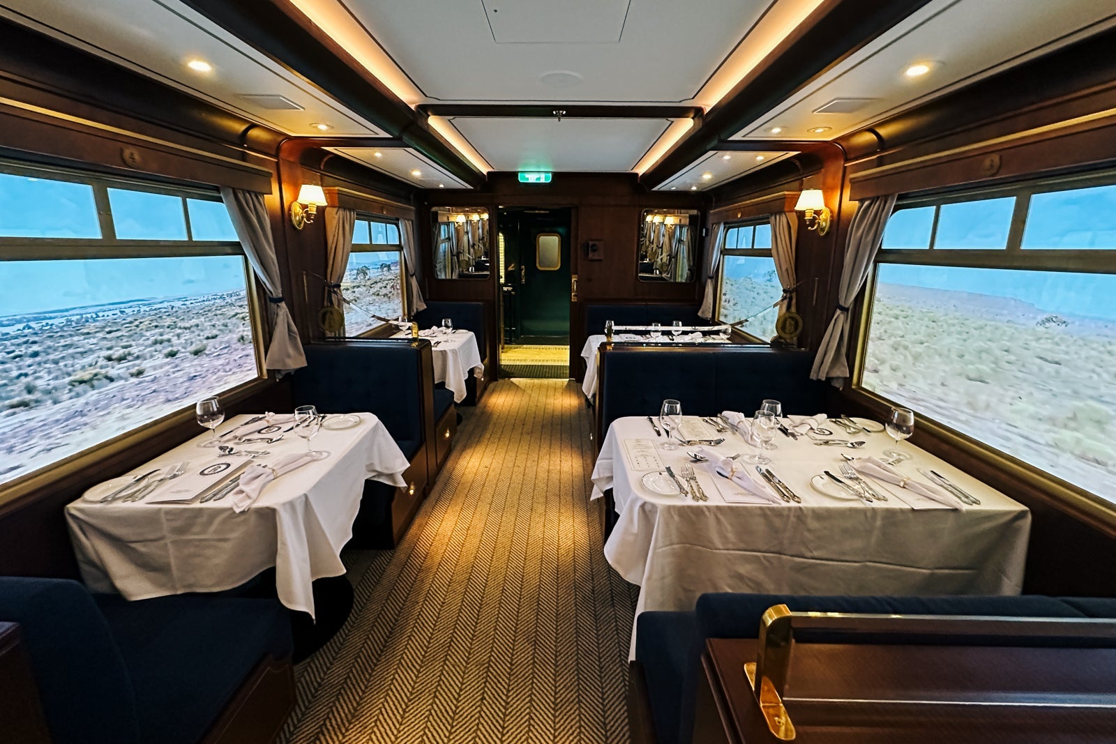 The inside of a faux train dining car