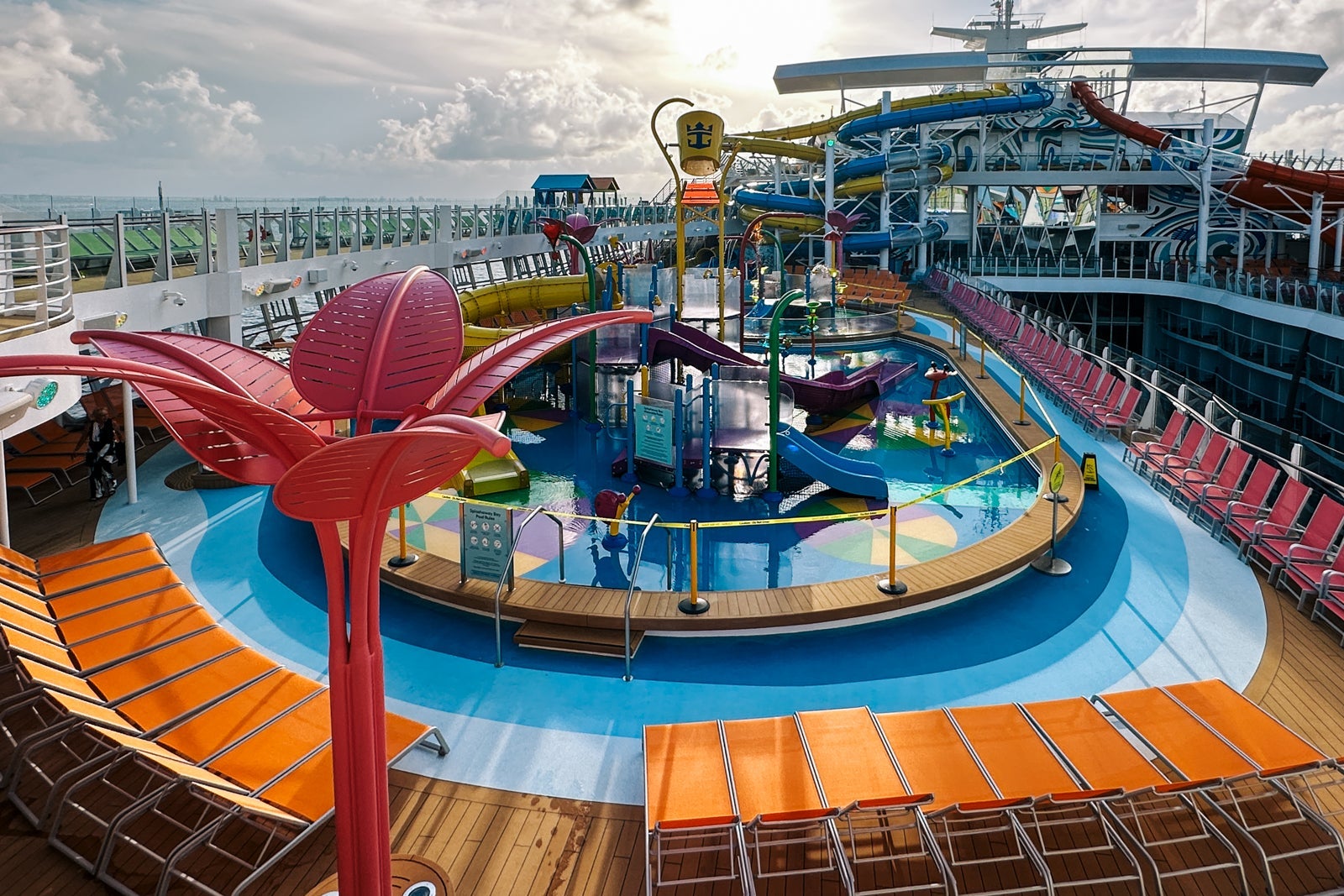 The pool deck on a cruise ship from above