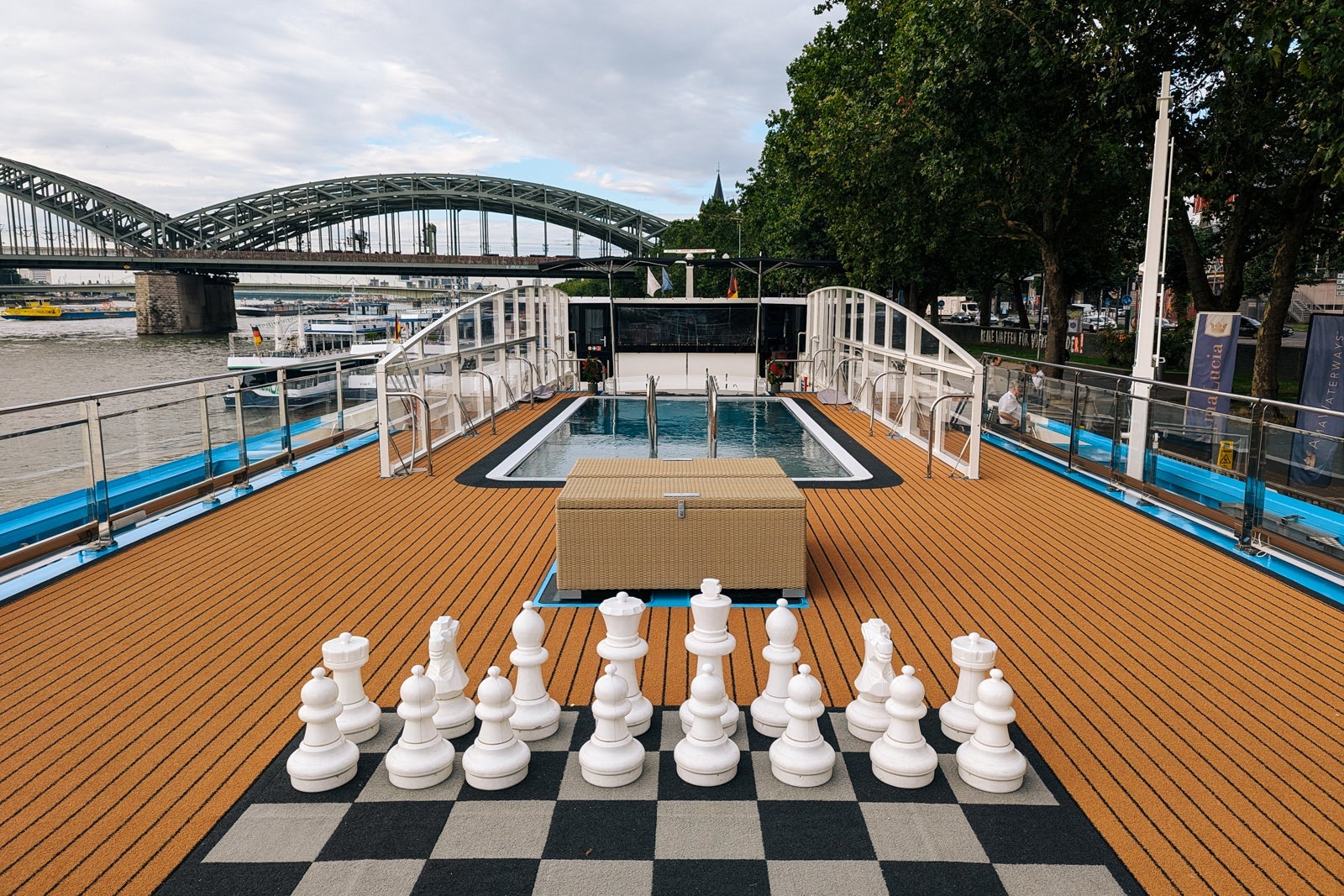 Giant chessboard and pool on river cruise ship