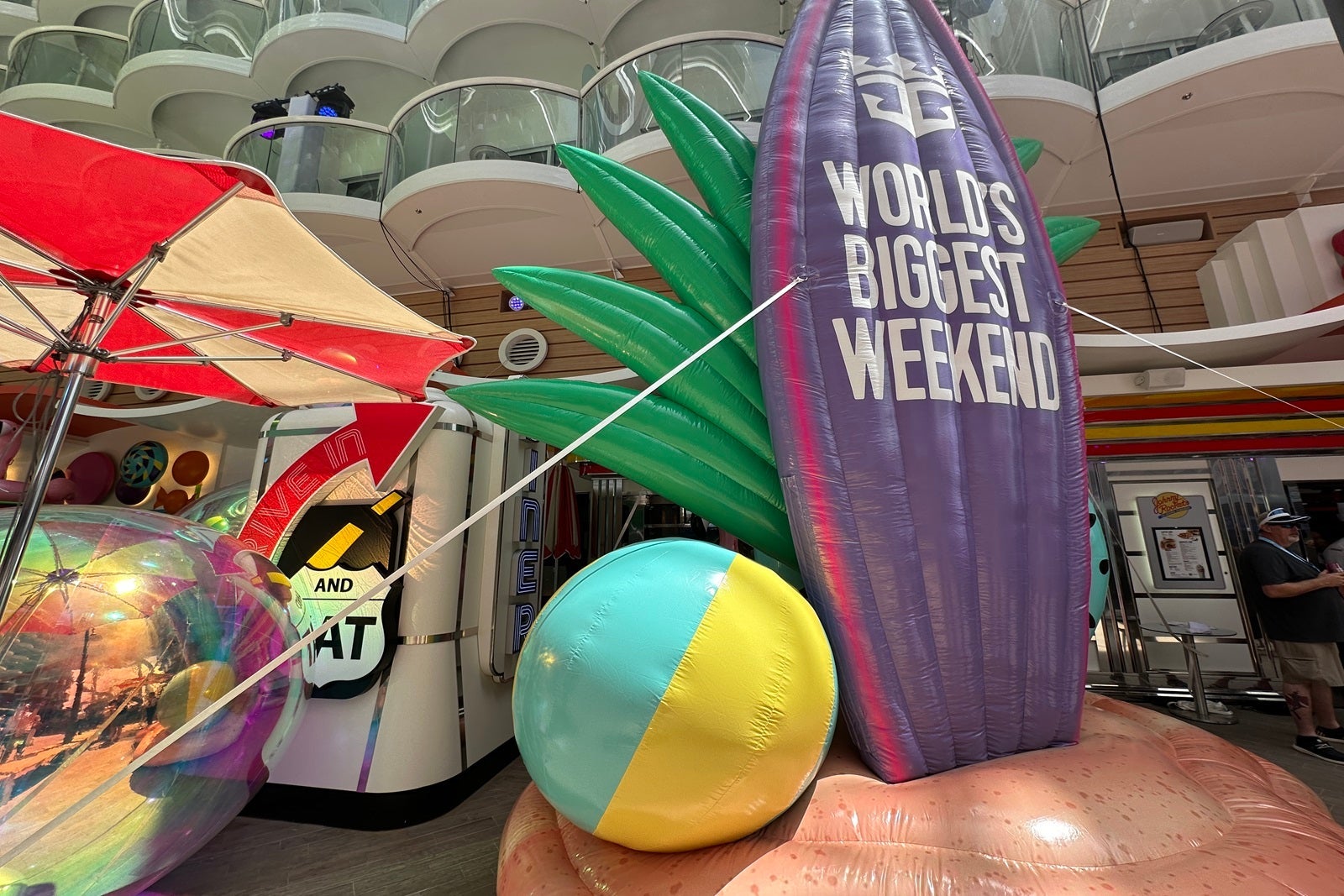 An inflatable proclaiming Utopia of the Seas as the "World's Biggest Weekend"
