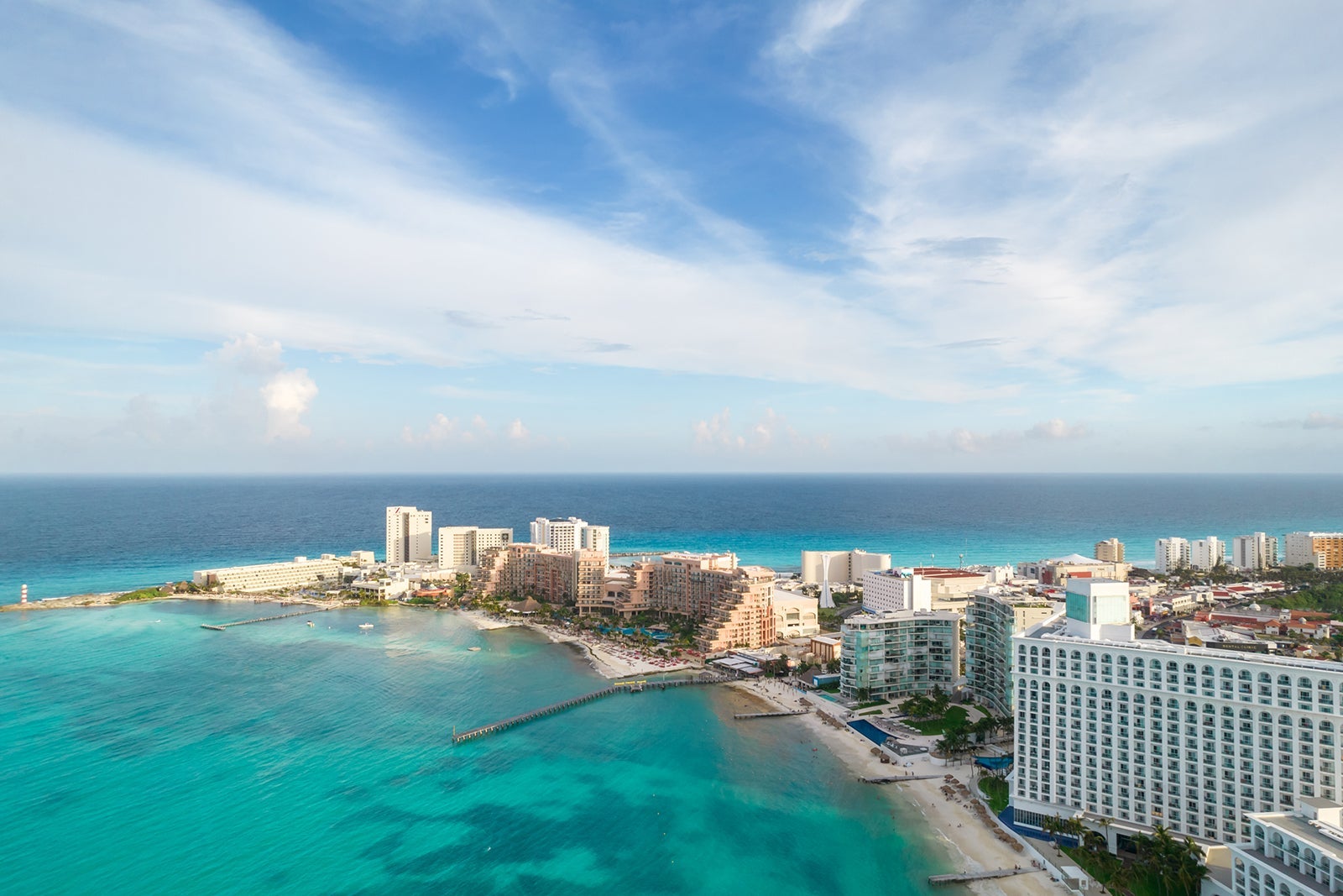 Panoramic photo of Cancun's hotel zone from the air