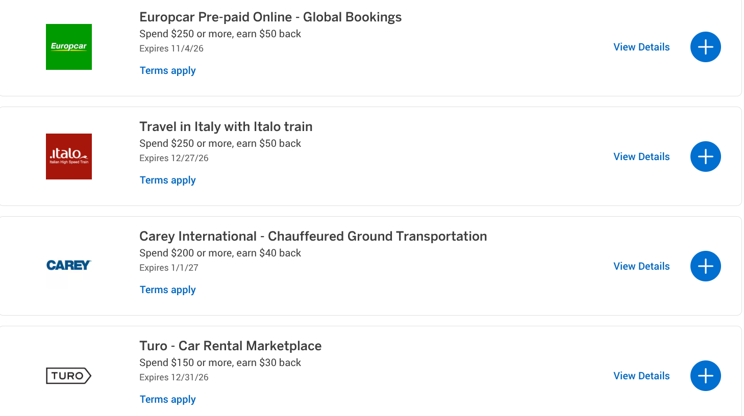 Amex Offers for assorted car rental, train, and other travel merchants