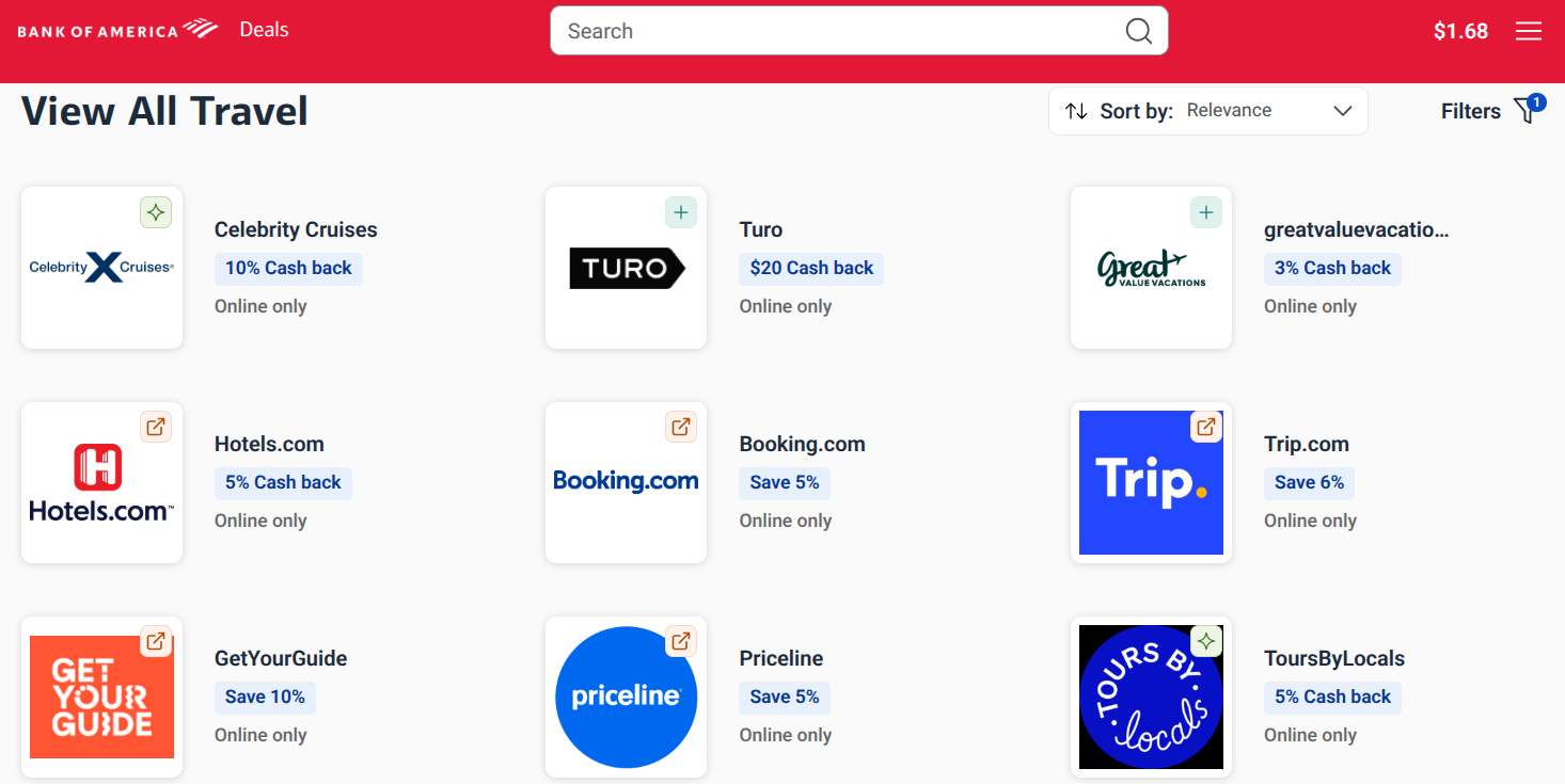 Selection of travel-related deals from a Bank of America credit card
