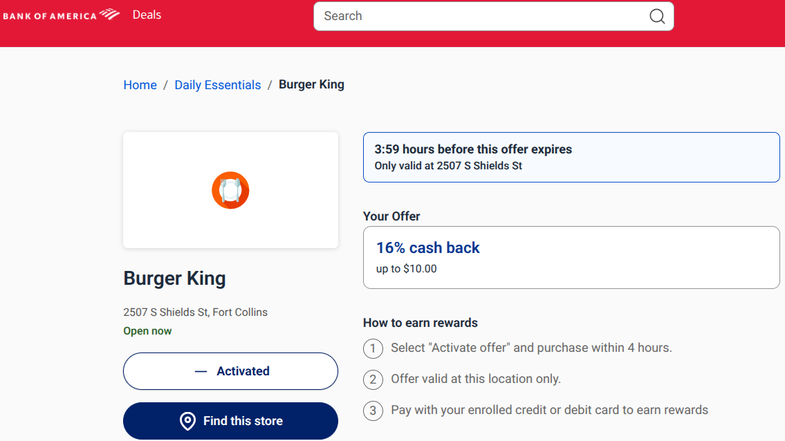 16% off Burger King offer from Bank of America