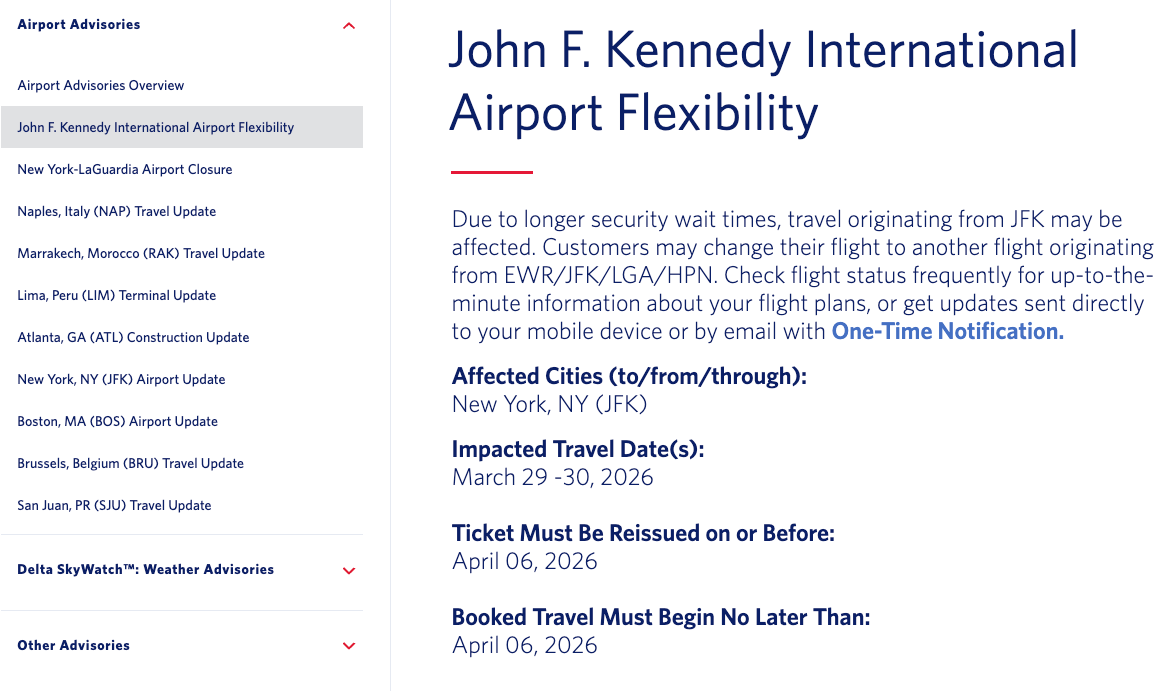 Delta JFK travel advisory in March 2026
