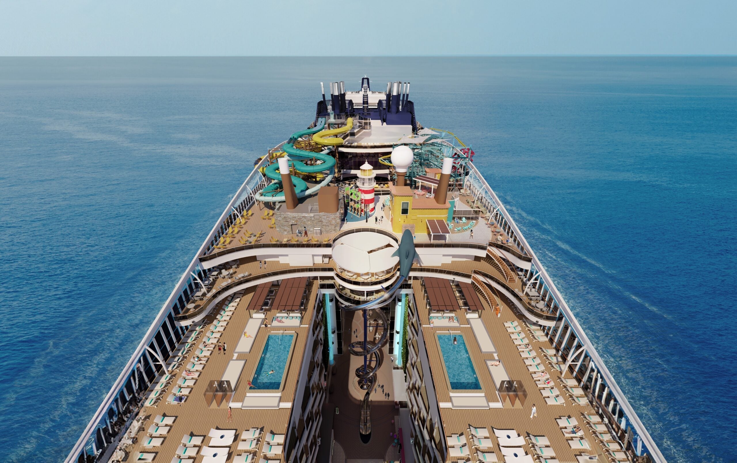 An aerial view of MSC World America showing waterslides on the ship