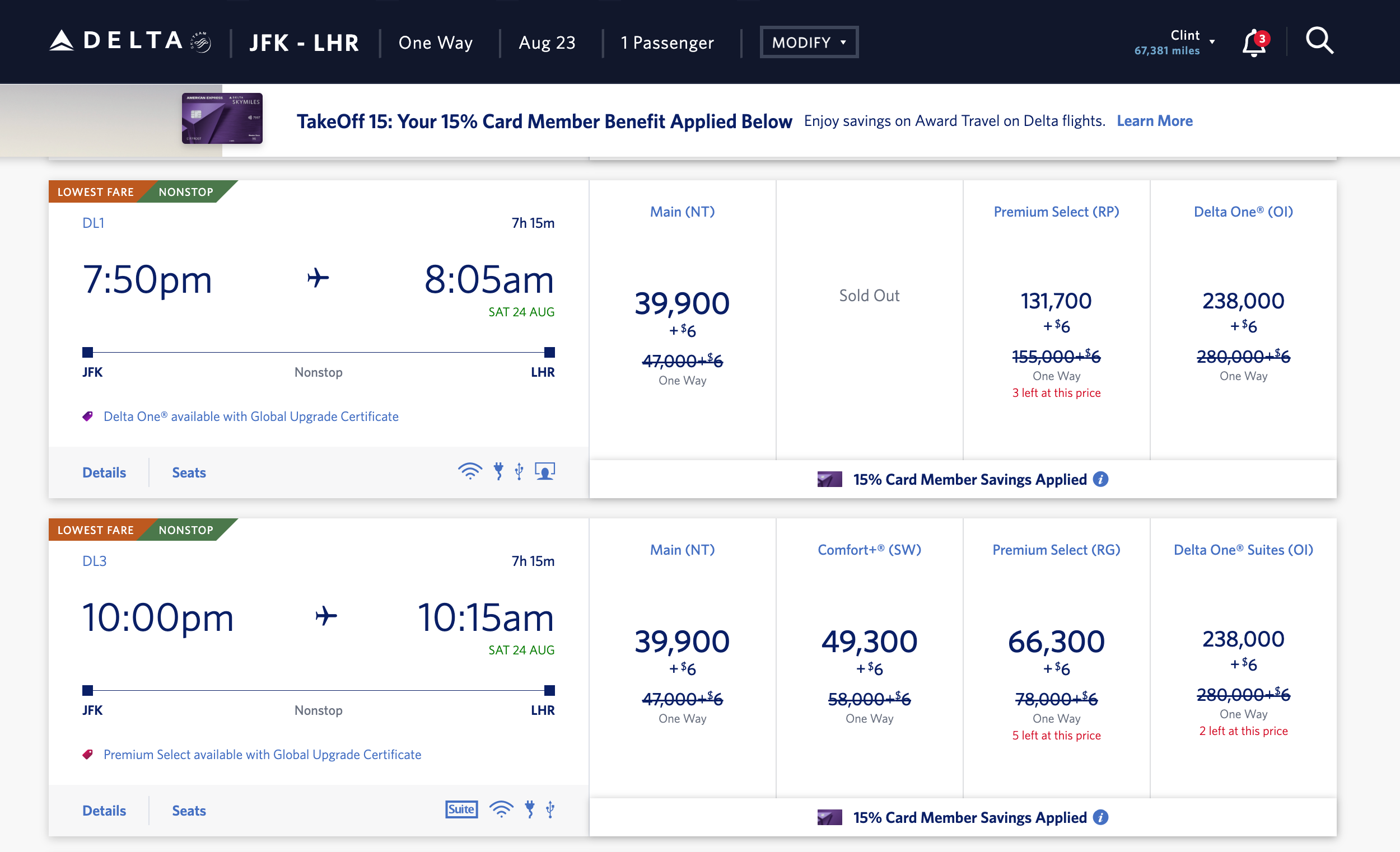 Search on Delta for a flight between New York and London. DELTA