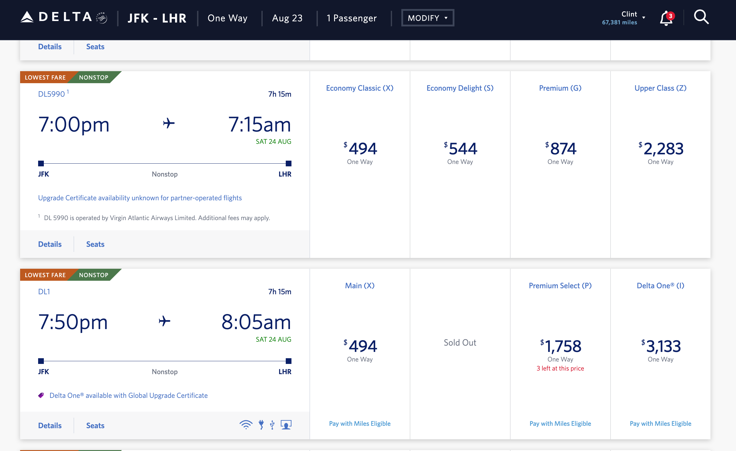 Search on Delta for a flight between New York and London. DELTA