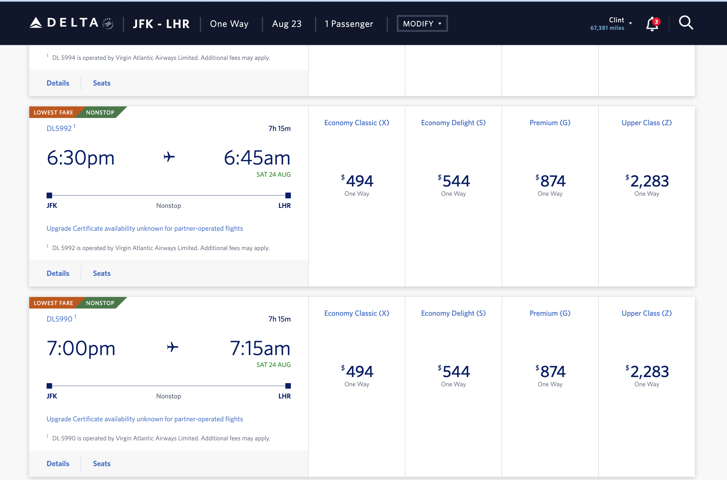 Search on Delta for a flight between New York and London. DELTA