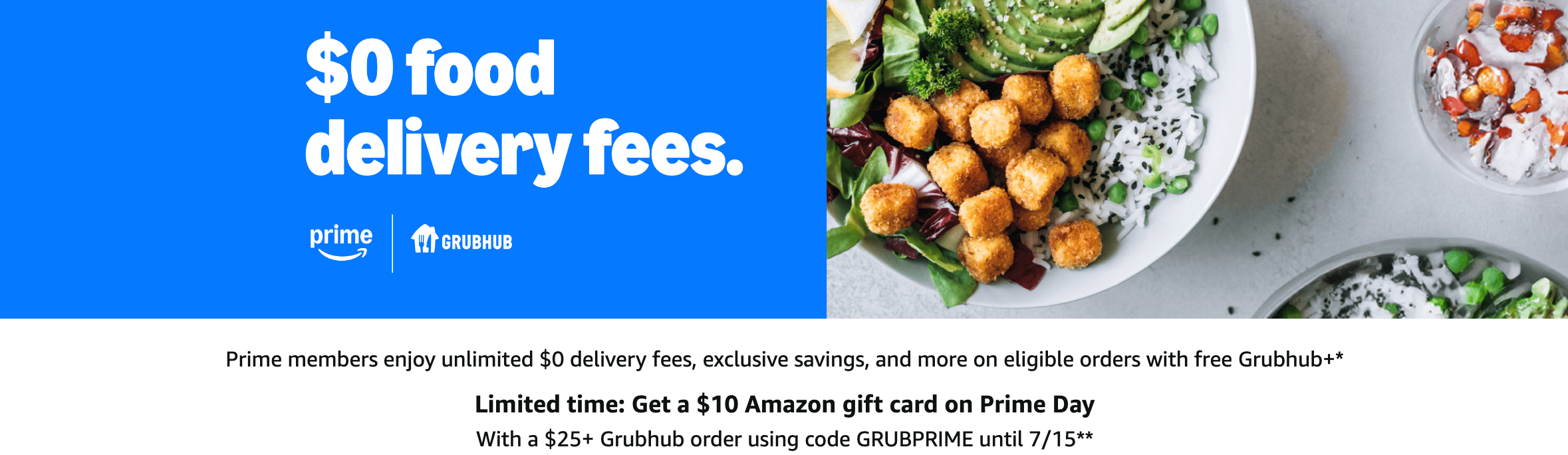Grubhub and Prime partnership banner advertising $0 food delivery fees
