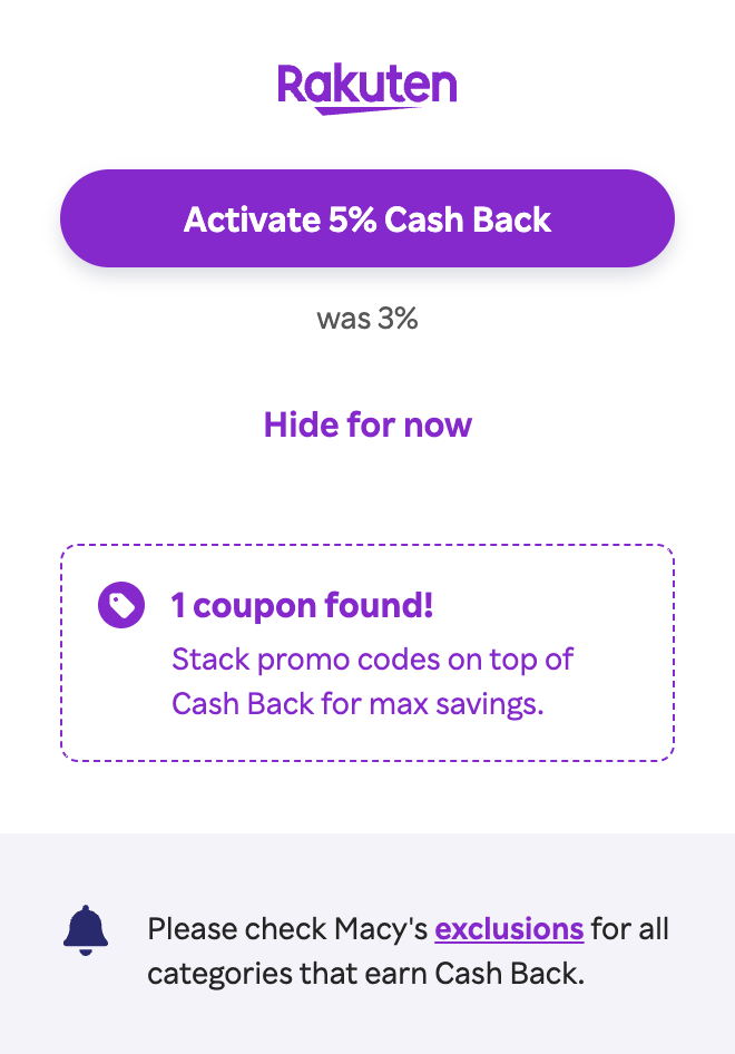Rakuten bonus rate at Macys in July 2024