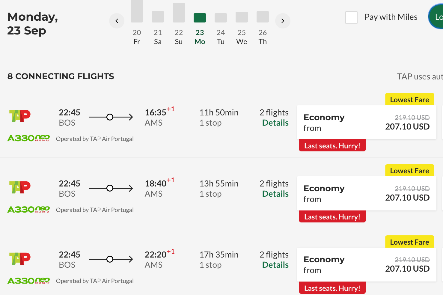 Cost of Flight on TAP Air Portugal from Boston to Amsterdam
