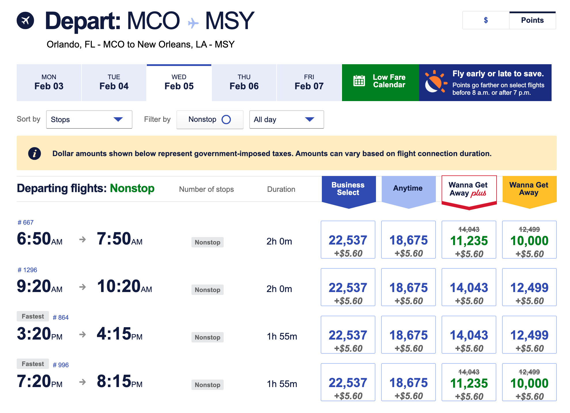 Southwest award flights from Orlando to New Orleans in February 2025
