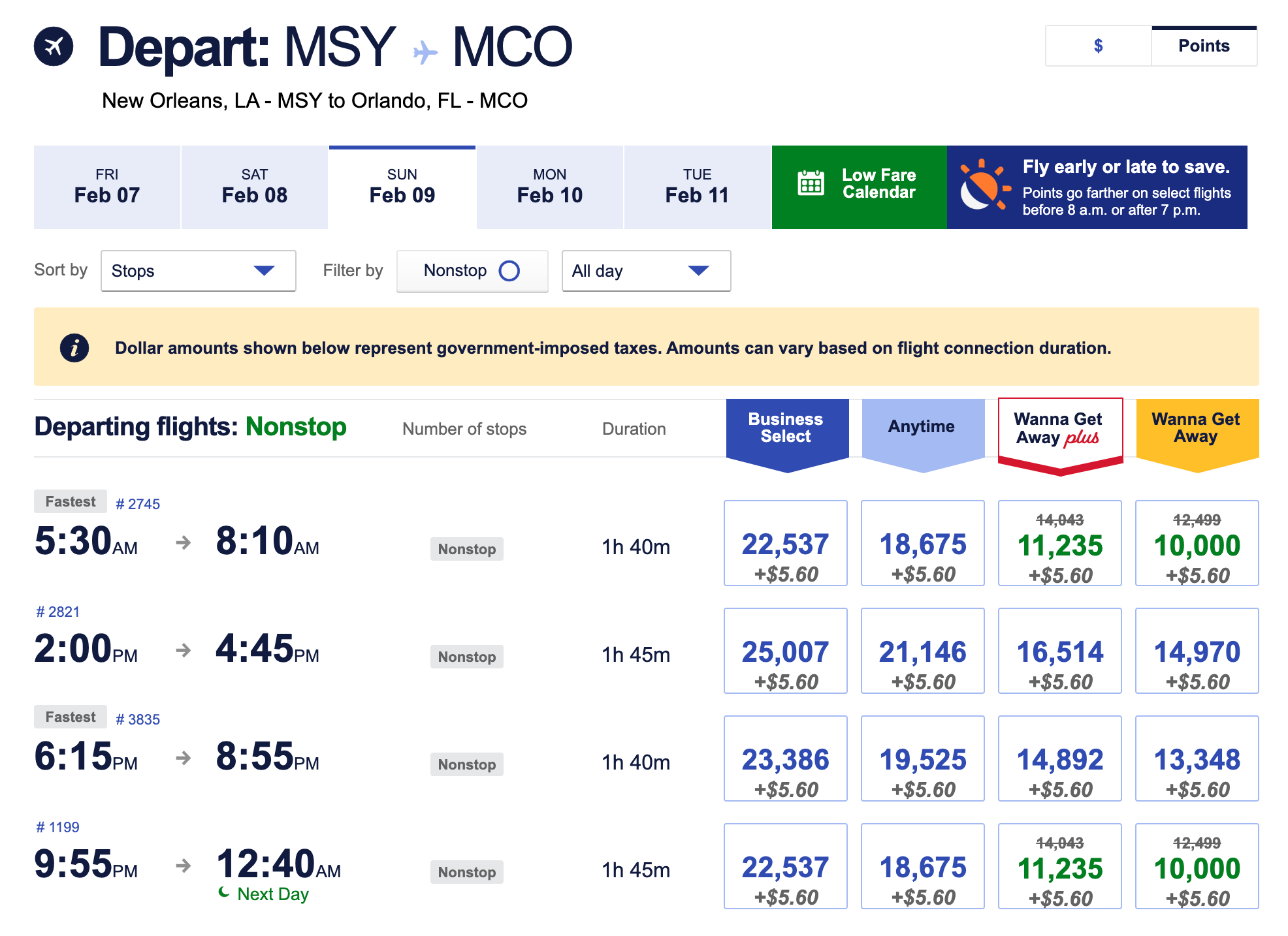Southwest award flights from New Orleans to Orlando in February 2025