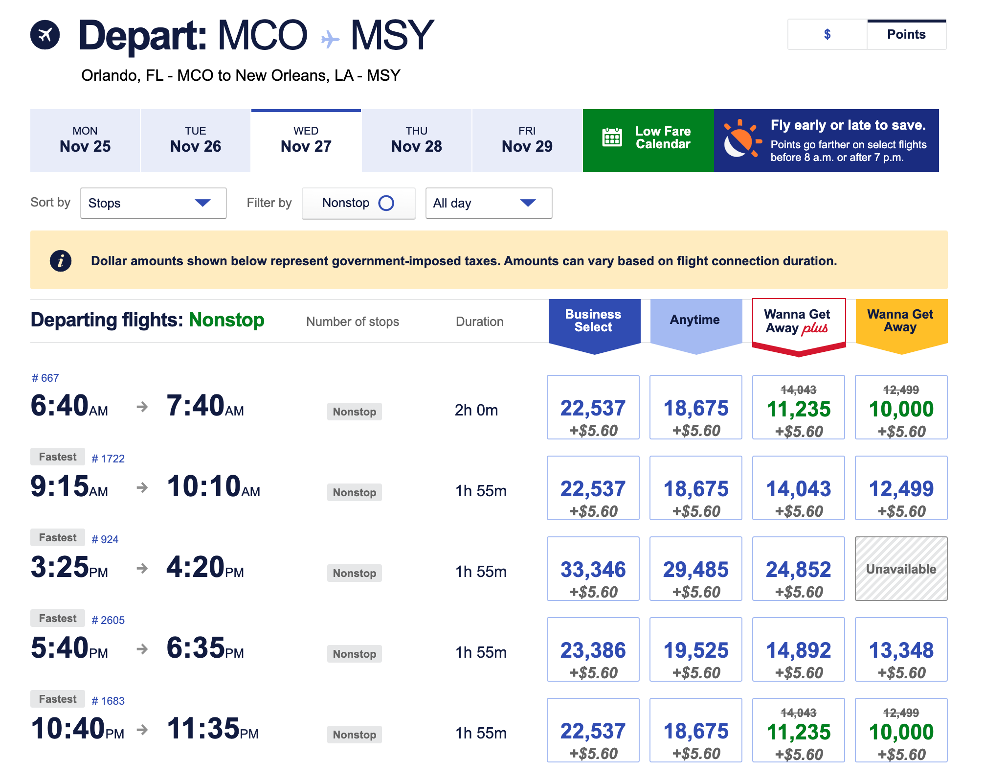 Southwest award flights from Orlando to New Orleans in November 2024