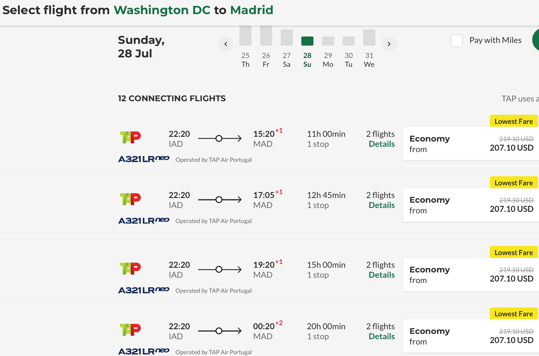 Cost of Flight on TAP Air Portugal from Washington, D.C. to Madrid
