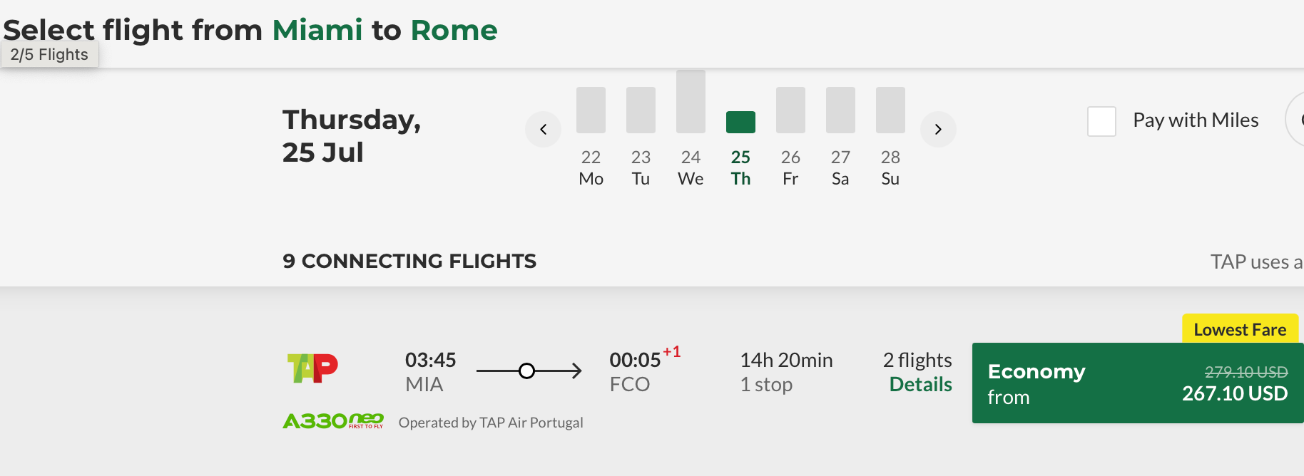 Cost of Flight on TAP Air Portugal from Miami to Rome