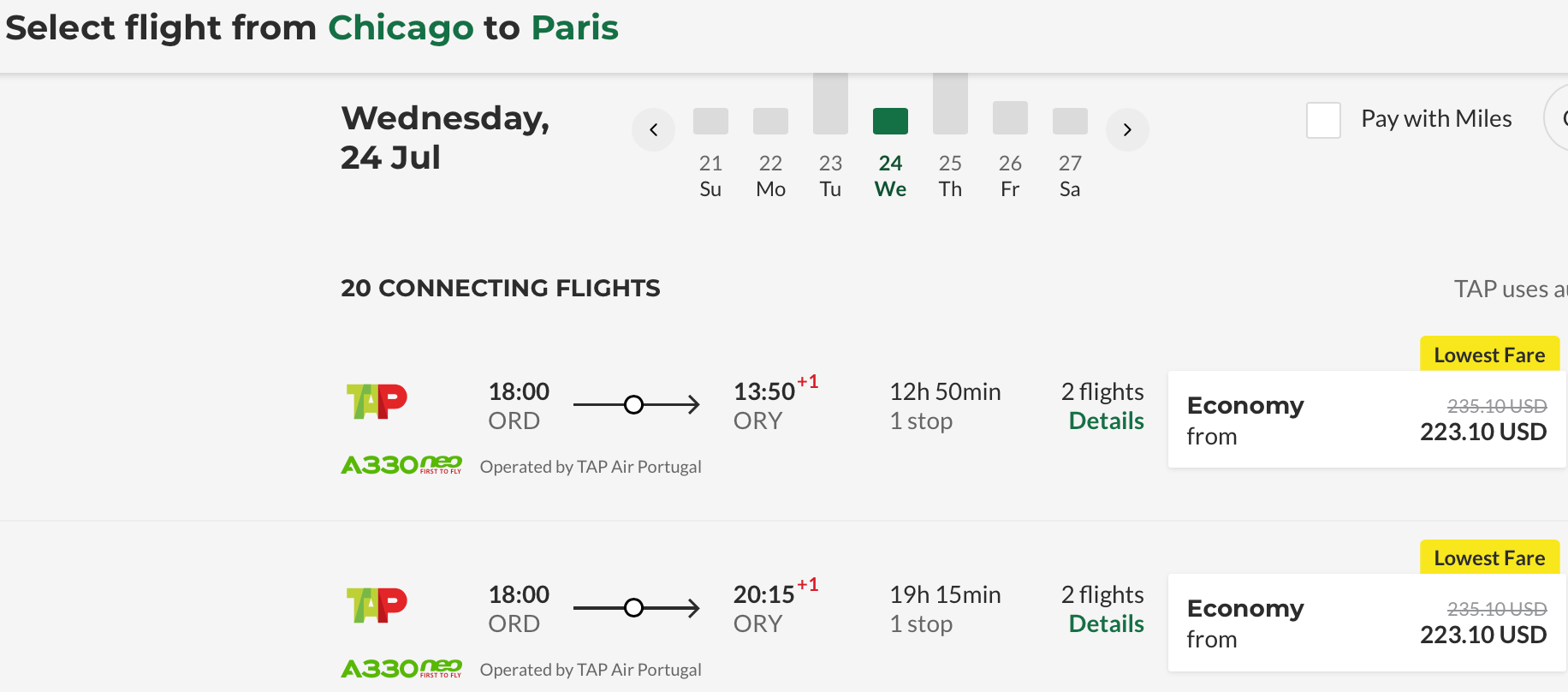 Cost of Flight on TAP Air Portugal from Chicago to Paris