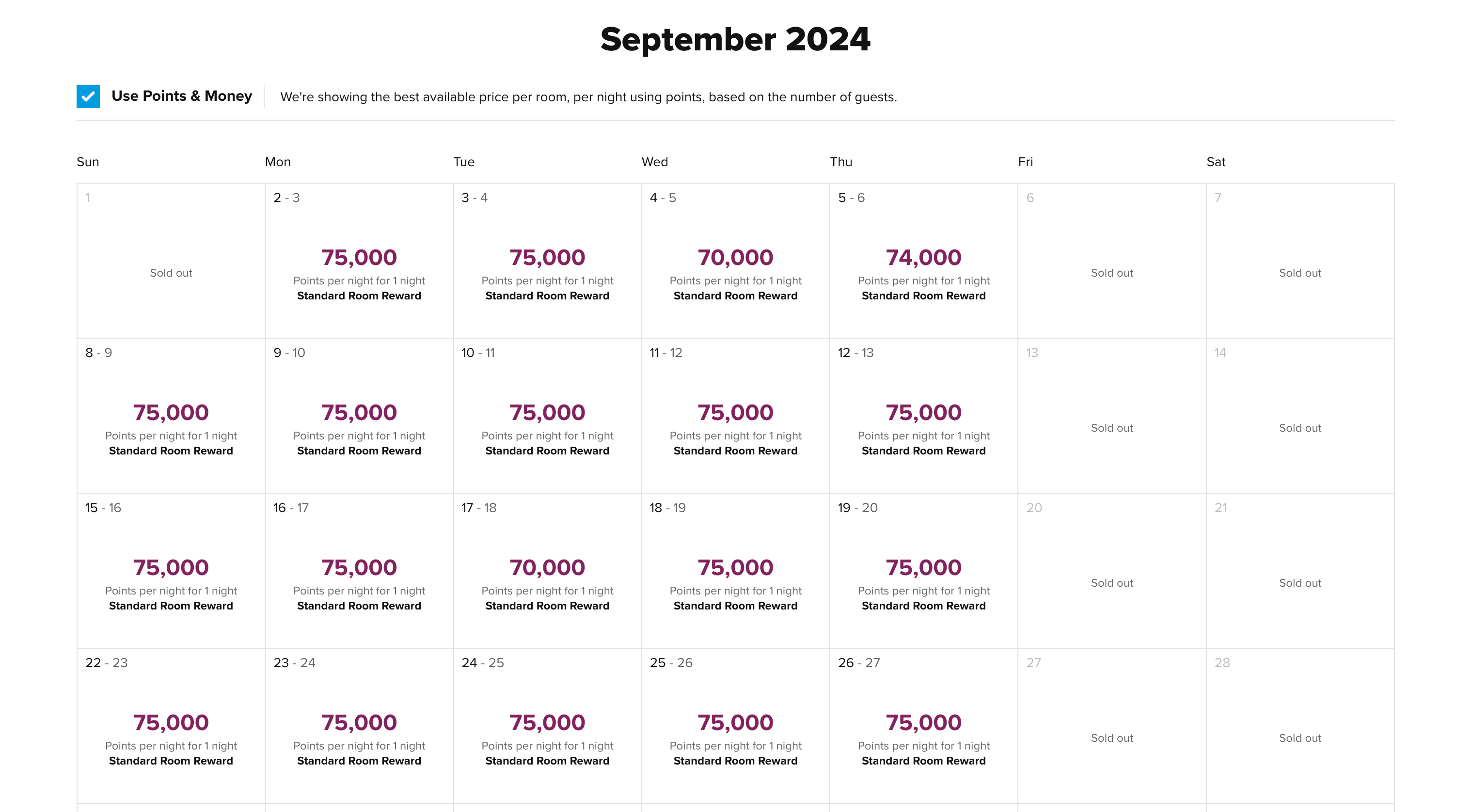 points calendar