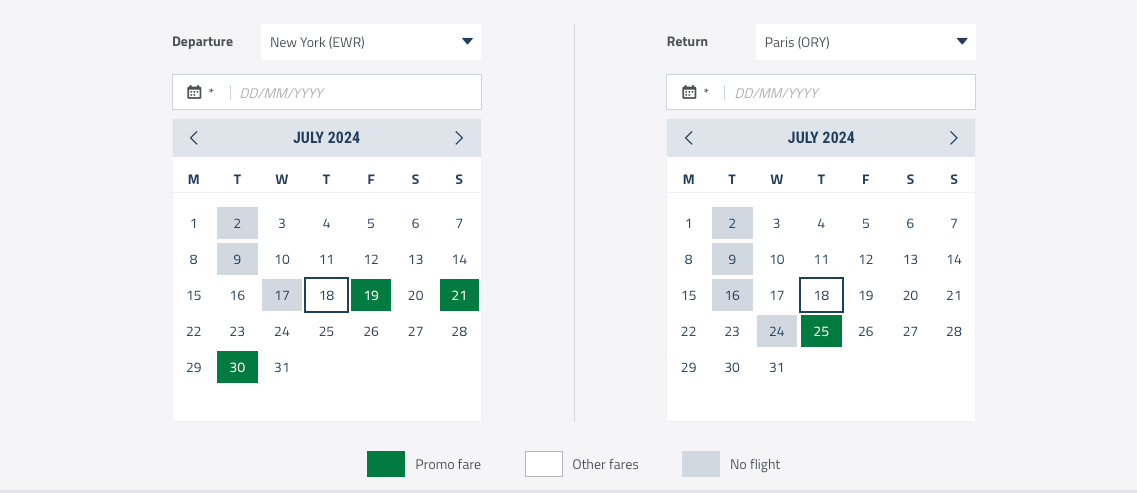 Screenshot of the La Compagnie availability calendar