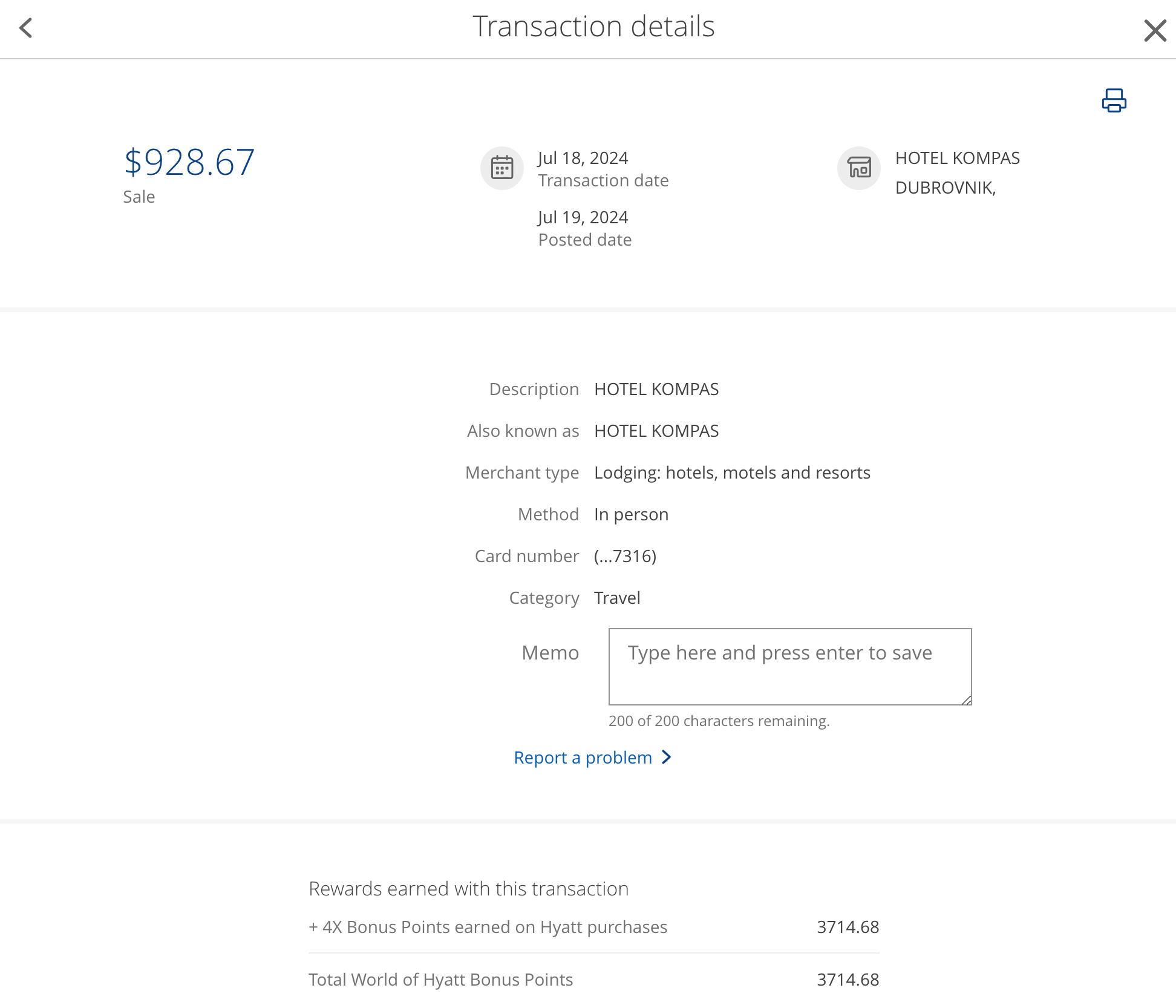 Charge on my World of Hyatt credit card. CHASE