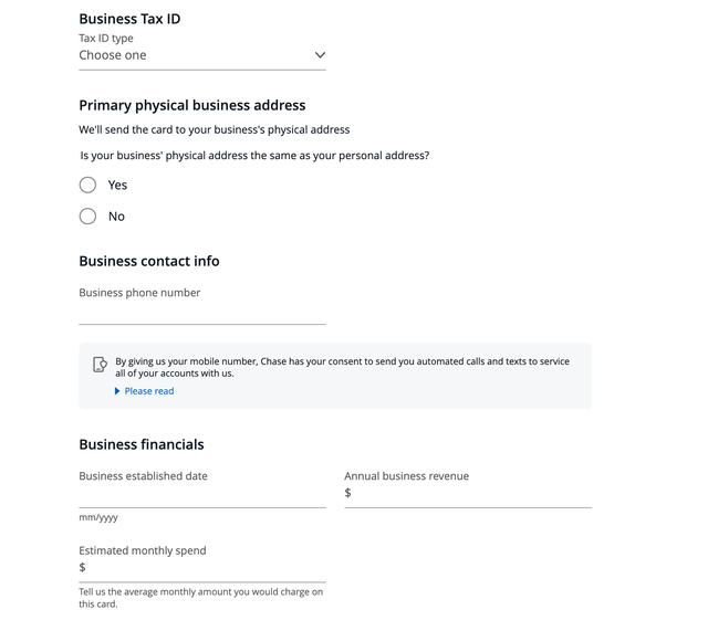 Chase business card application