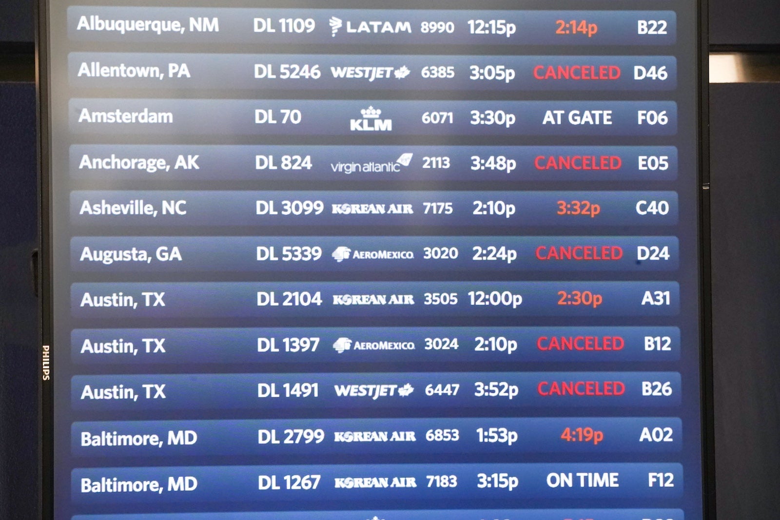 The departures board at Hartsfield-Jackson Atlanta International Airport