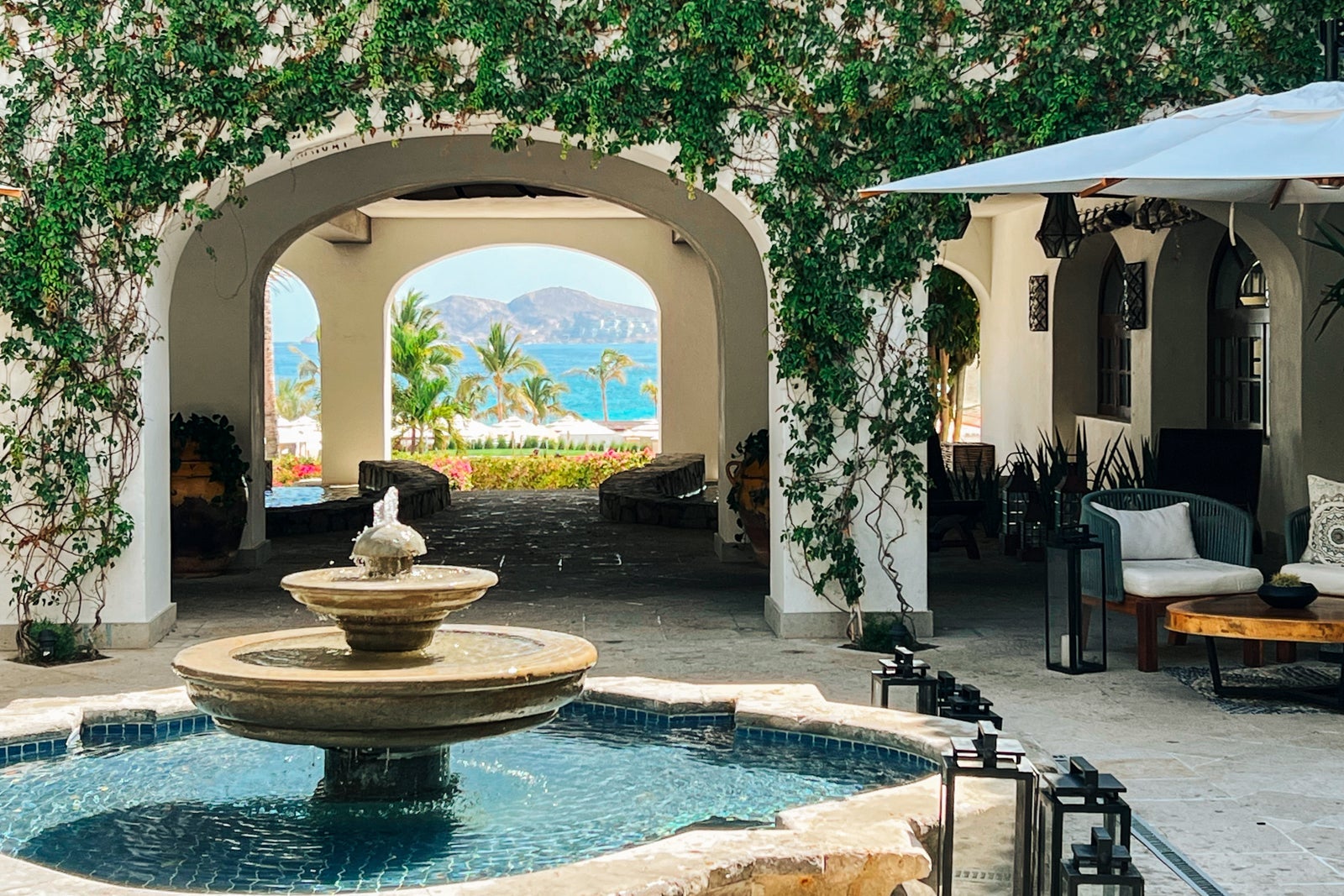 Lobby courtyard with view of ocean at Zoetry Casa del Mar Los Cabos, Mexico