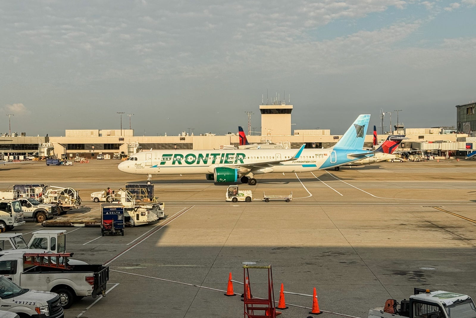 A Frontier Airlines aircraft taxis at Hartsfield-Jackson Atlanta International Airport (ATL).