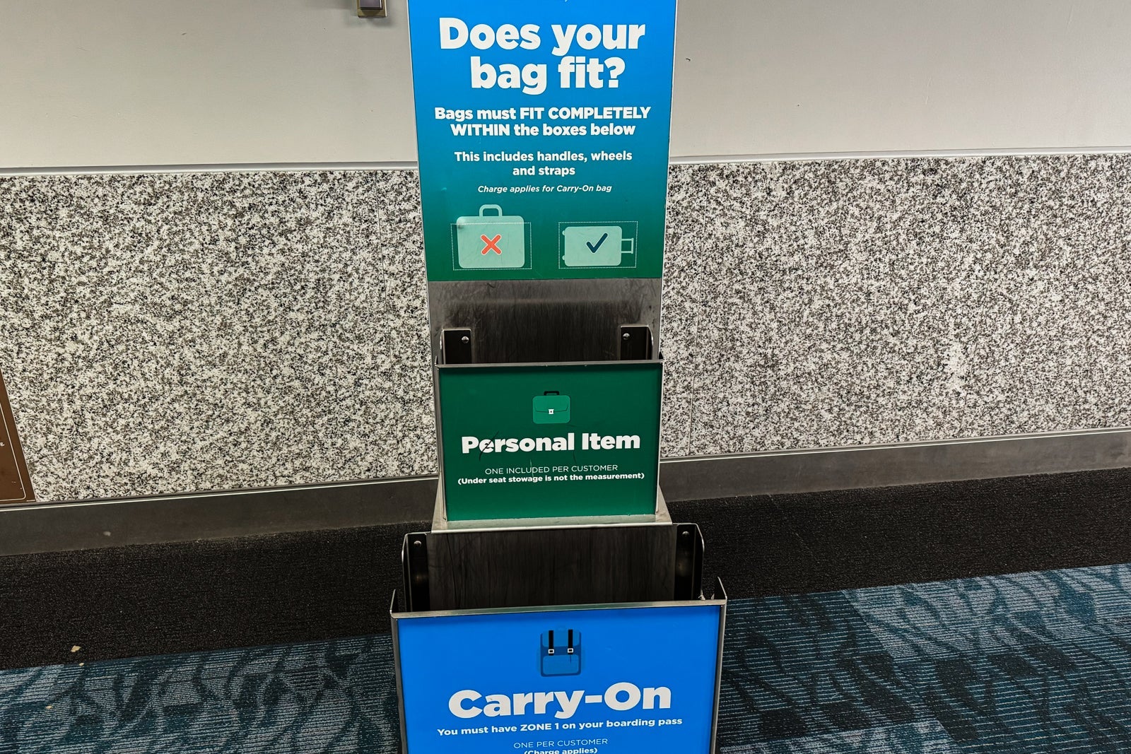 Frontier Airlines carry-on bag sizer.