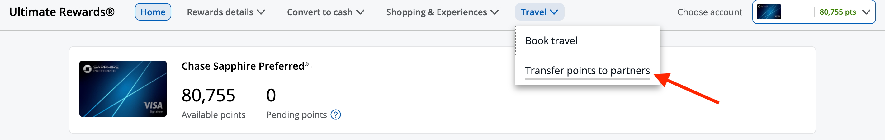 "transfer points to partners" on Ultimate Rewards portal